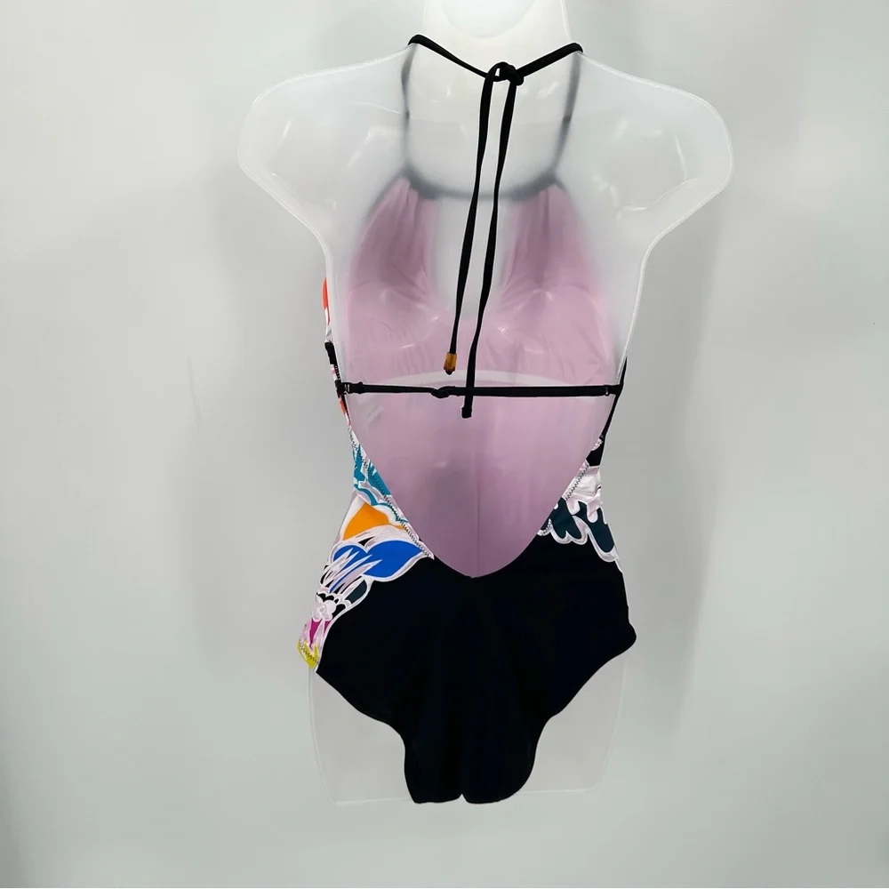 Trina Turk Swimsuit Seychelles Print Black No Size Tag Halter 1 Pc Low Back READ